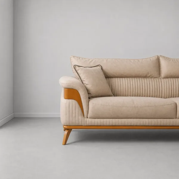 INTERIORZE beige fabric sofa with wooden arms and vertical tufting