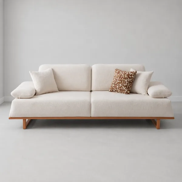 INTERIORZE white boucle sofa with wooden base and pillow armrests