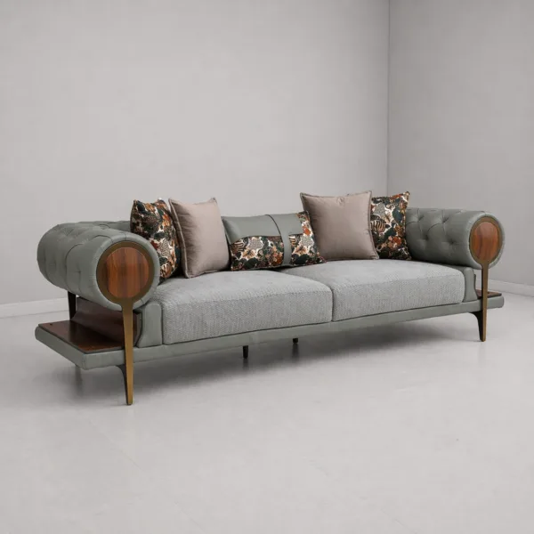 INTERIORZE grey fabric sofa with tufted round arms and wooden side shelves