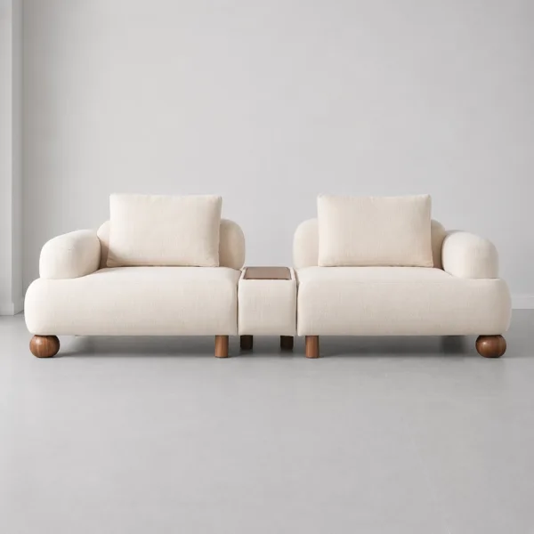 INTERIORZE cream modular sofa with wooden center tray and rounded wood legs