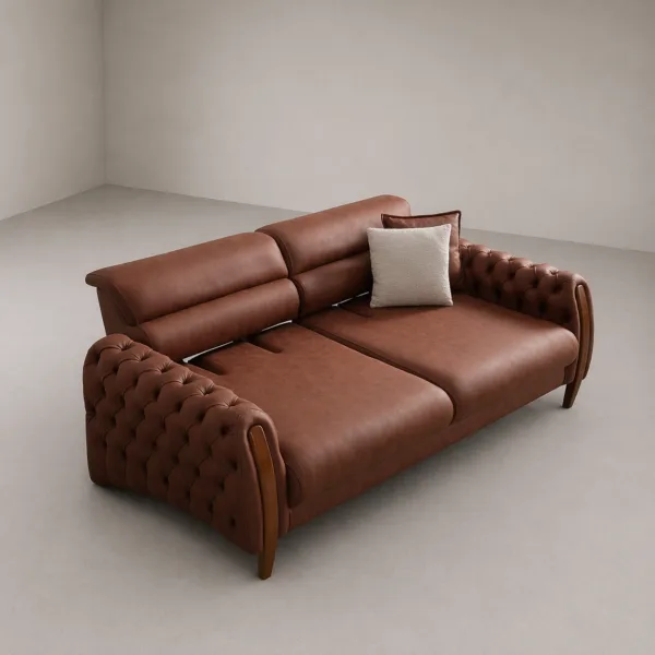 INTERIORZE tan leather sofa with tufted arms and wooden side accents