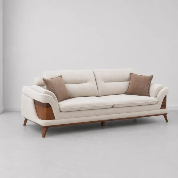 INTERIORZE cream fabric sofa with wooden arm panels