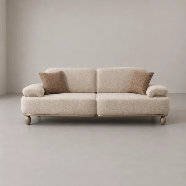 INTERIORZE beige boucle sofa with rounded arms and soft back cushions