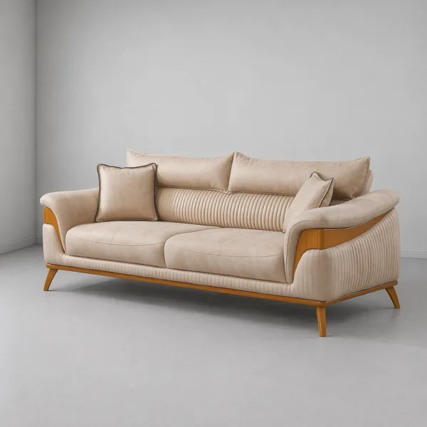 INTERIORZE beige fabric sofa with wooden arms and vertical tufting