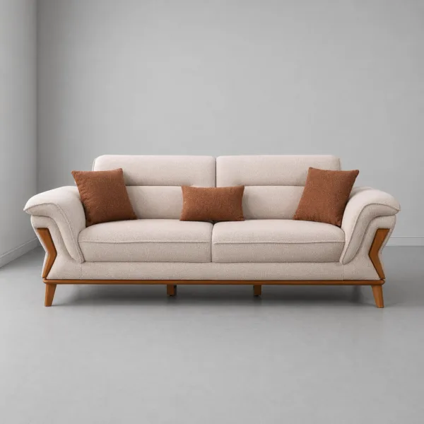 INTERIORZE cream fabric sofa with wooden accents and rust pillows
