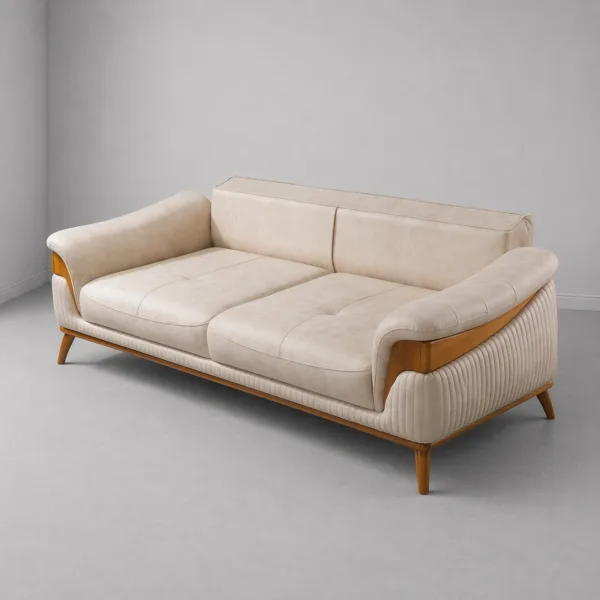 INTERIORZE beige fabric sofa with wooden arms and vertical tufting