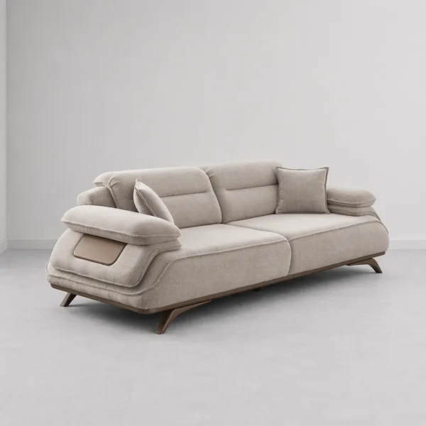 INTERIORZE beige fabric sofa with pillow armrests and bronze legs