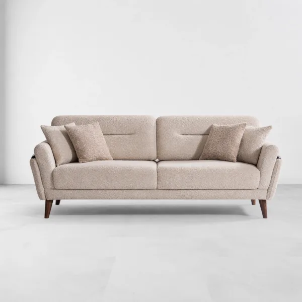 INTERIORZE cream boucle sofa with curved arms and wooden legs