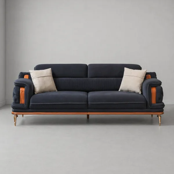 INTERIORZE navy blue sofa with tufted arms and wooden base