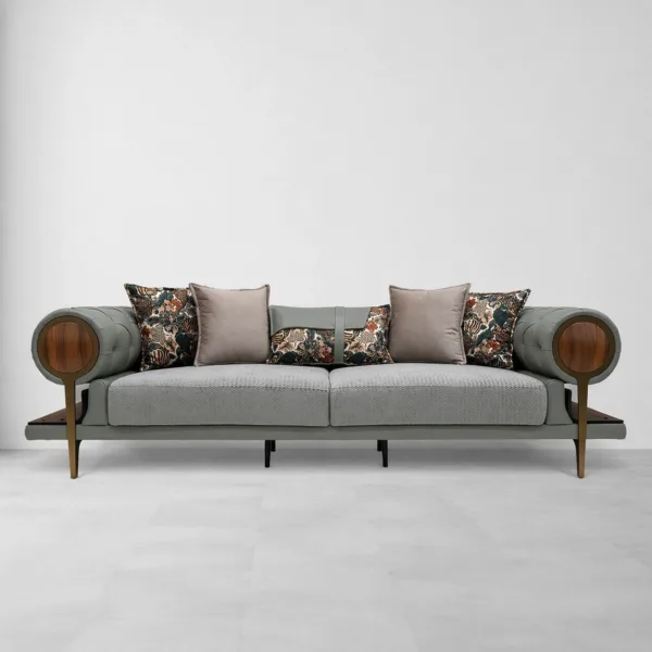 INTERIORZE grey fabric sofa with tufted round arms and wooden side shelves