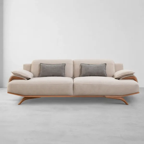 INTERIORZE cream fabric sofa with wooden base and pillow armrests