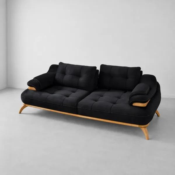 INTERIORZE black fabric sofa with wooden base and adjustable headrest