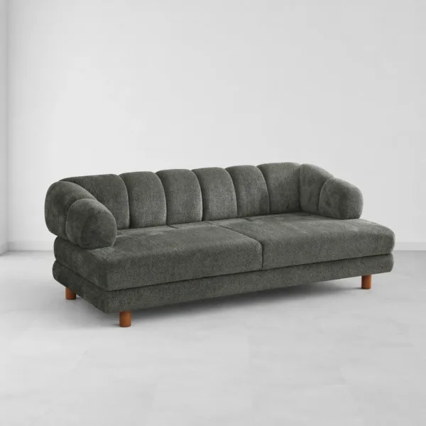 INTERIORZE dark green boucle sofa with rounded arms and wooden legs