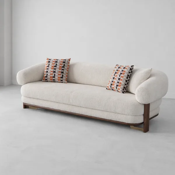 INTERIORZE cream boucle sofa with rounded arms and dark wood legs