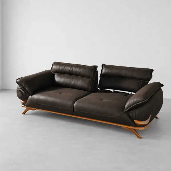 INTERIORZE black leatherette sofa with wooden base and pillow armrests