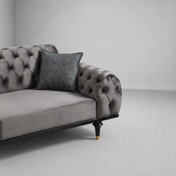 INTERIORZE grey velvet sofa with tufted back and arms