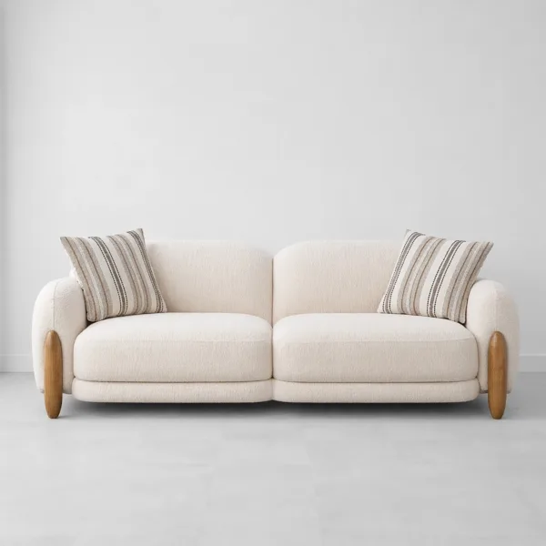 INTERIORZE cream boucle sofa with rounded arms and wooden side accents