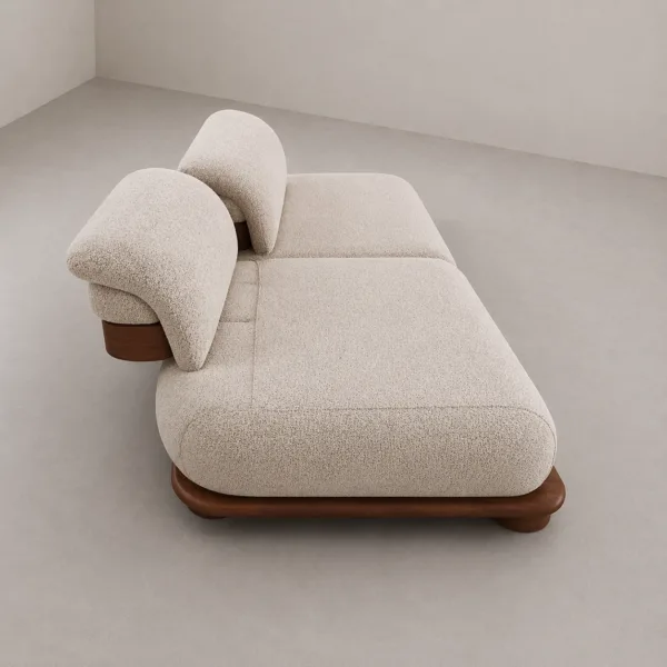 INTERIORZE cream boucle daybed sofa with wooden platform base and rounded back cushions