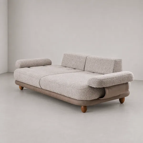 INTERIORZE greige boucle sofa with rounded arm pads and layered base detail