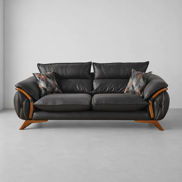 INTERIORZE black leatherette sofa with wooden accents and designer pillows