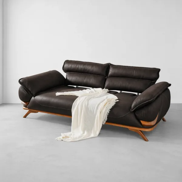 INTERIORZE black leatherette sofa with wooden base and pillow armrests
