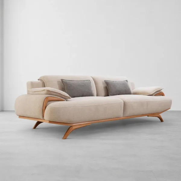INTERIORZE cream fabric sofa with wooden base and pillow armrests