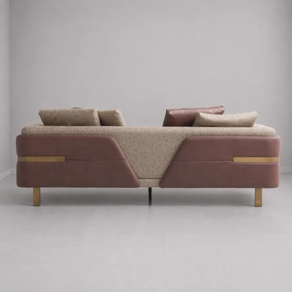 INTERIORZE beige fabric sofa with brown side panels and brass legs