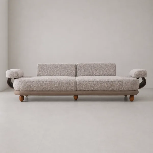 INTERIORZE greige boucle sofa with rounded arm pads and layered base detail
