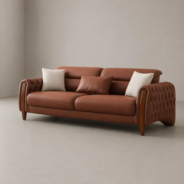 INTERIORZE tan leather sofa with tufted arms and wooden side accents