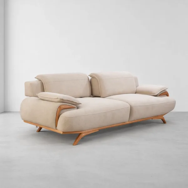 INTERIORZE cream fabric sofa with wooden base and pillow armrests