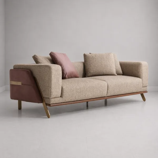 INTERIORZE beige fabric sofa with brown side panels and brass legs