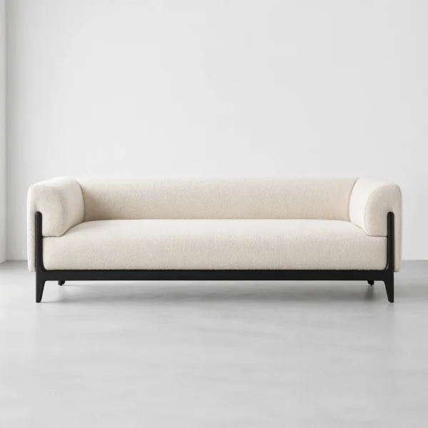 INTERIORZE ivory boucle sofa with rounded arms and black frame