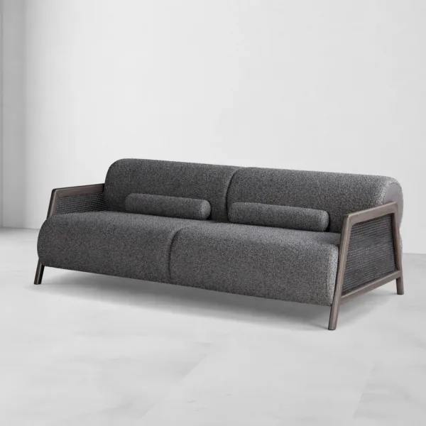 INTERIORZE charcoal cane sofa with wooden frame and textured grey upholstery