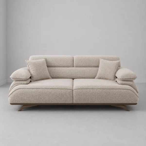 INTERIORZE beige fabric sofa with pillow armrests and bronze legs