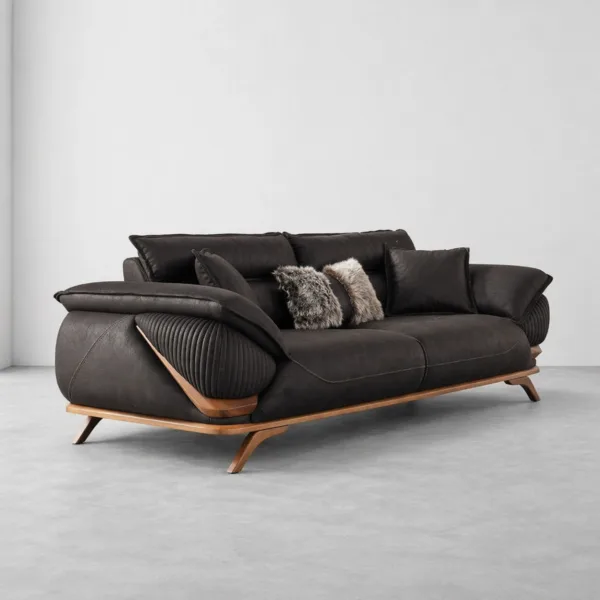 INTERIORZE black leatherette sofa with wooden base and pillow armrests