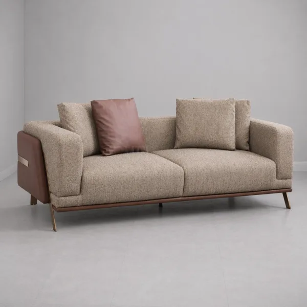 INTERIORZE beige fabric sofa with brown side panels and brass legs