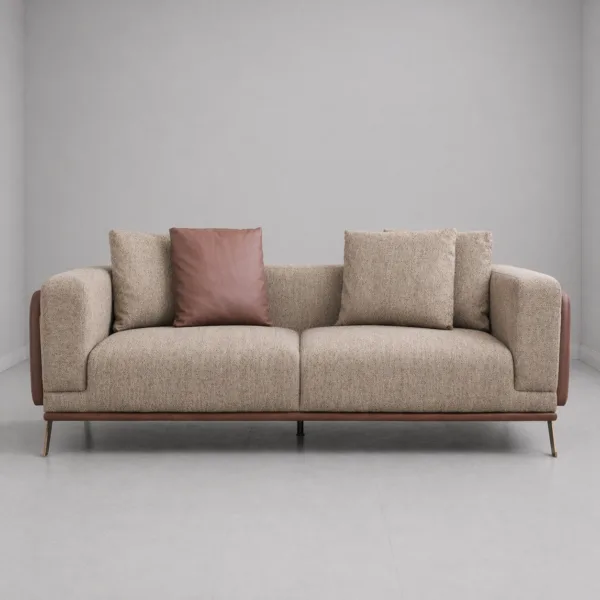 INTERIORZE beige fabric sofa with brown side panels and brass legs