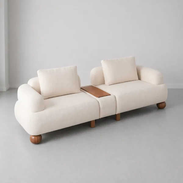 INTERIORZE cream modular sofa with wooden center tray and rounded wood legs