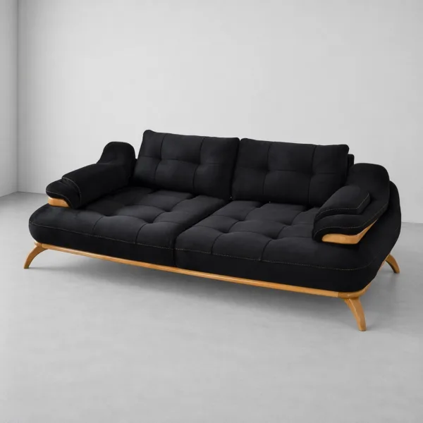 INTERIORZE black fabric sofa with wooden base and adjustable headrest