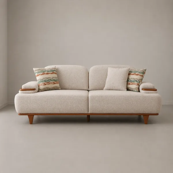 INTERIORZE cream sofa with rounded arms and wooden arm detailing