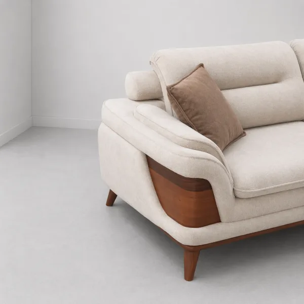 INTERIORZE cream fabric sofa with wooden arm panels