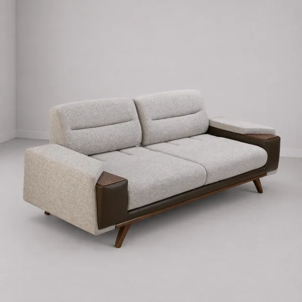 INTERIORZE cream grey fabric sofa with brown leather arms