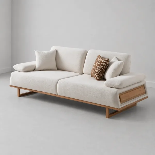 INTERIORZE cream boucle sofa with wooden side panels