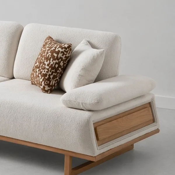 INTERIORZE cream boucle sofa with wooden side panels