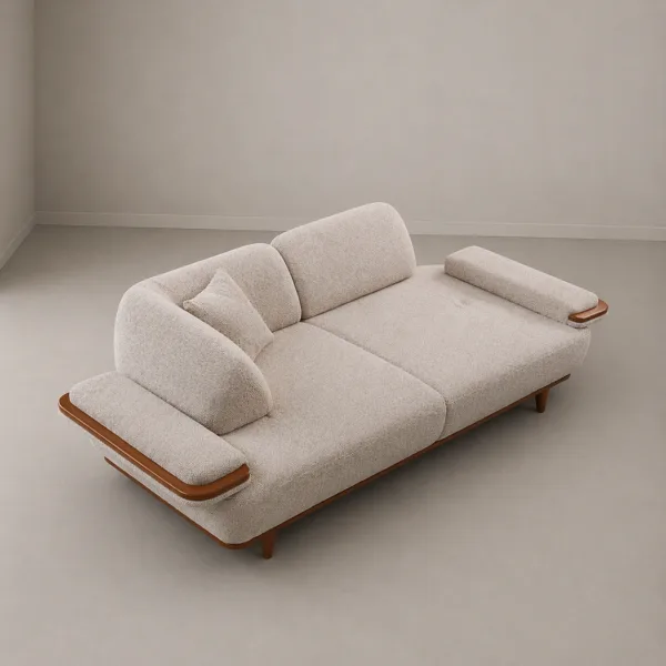 INTERIORZE cream sofa with rounded arms and wooden arm detailing