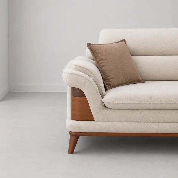 INTERIORZE cream fabric sofa with wooden arm panels