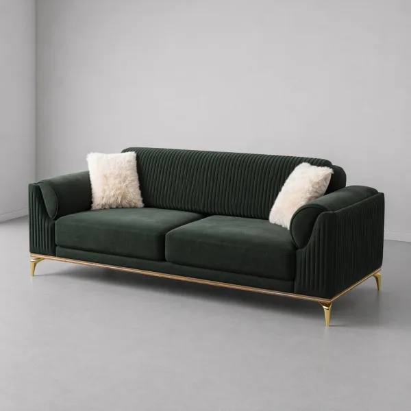 INTERIORZE dark green velvet sofa with ribbed back and gold legs