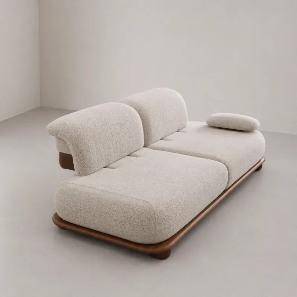 INTERIORZE cream boucle daybed sofa with wooden platform base and rounded back cushions