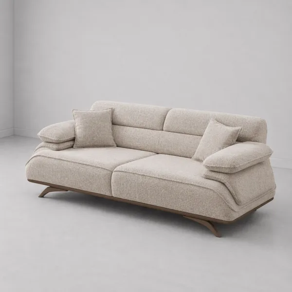 INTERIORZE beige fabric sofa with pillow armrests and bronze legs