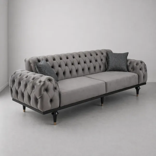 INTERIORZE grey velvet sofa with tufted back and arms